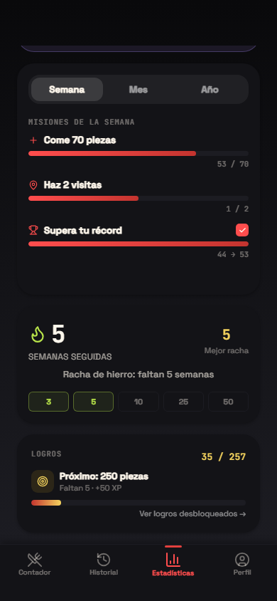 Pantalla de misiones, racha y logros desbloqueados