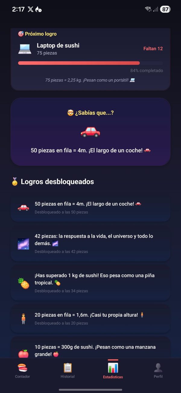 Pantalla de logros desbloqueados con comparaciones curiosas