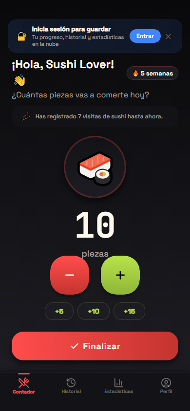 Pantalla principal de Sushimetro mostrando un contador de piezas de sushi