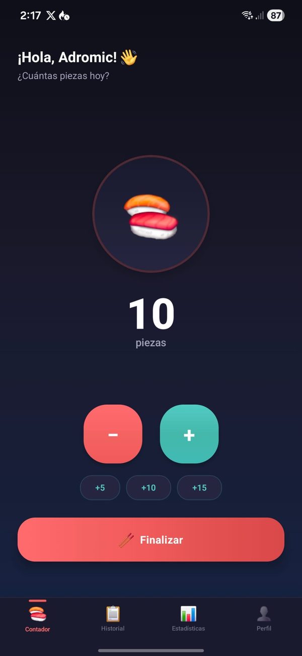 Pantalla principal de Sushimetro mostrando un contador de 10 piezas de sushi