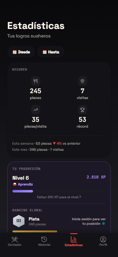 Pantalla de estadísticas con total de piezas y ranking